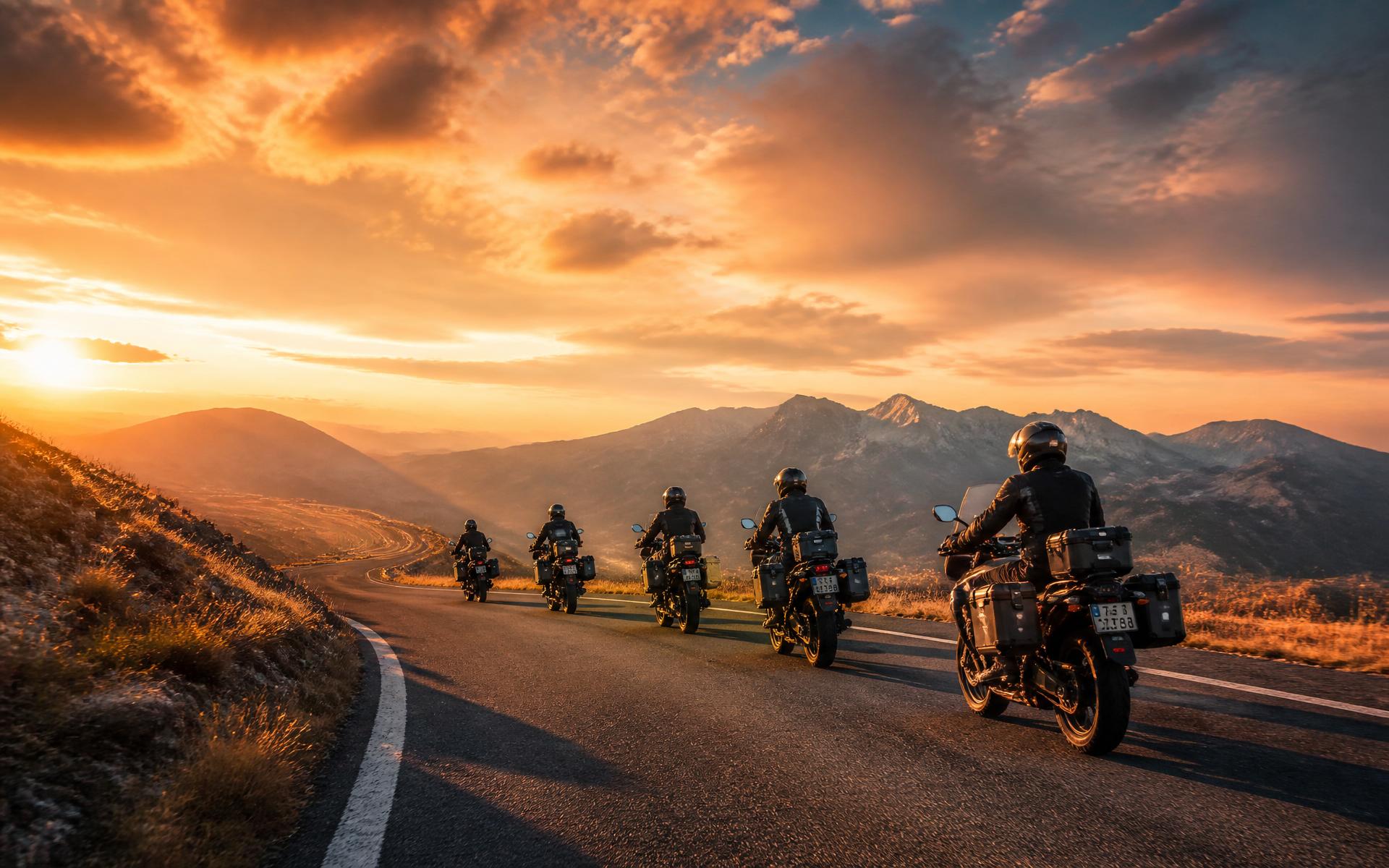 Groep motorrijders op een bergweg tijdens het gouden uur